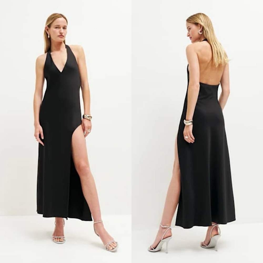 NWT Reformation Meral Satin Halter Maxi Dress Black